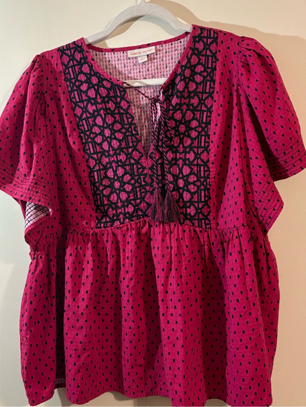 Knox Rose Womens‎ XL Hot Pink tie Neck Flutter Sleeve Polka Dot Boho Blouse Top